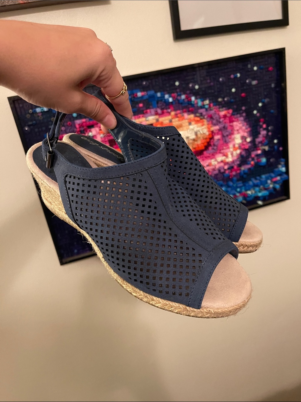 easy street Navy Perforated Espadrille Wedge Slingbacks